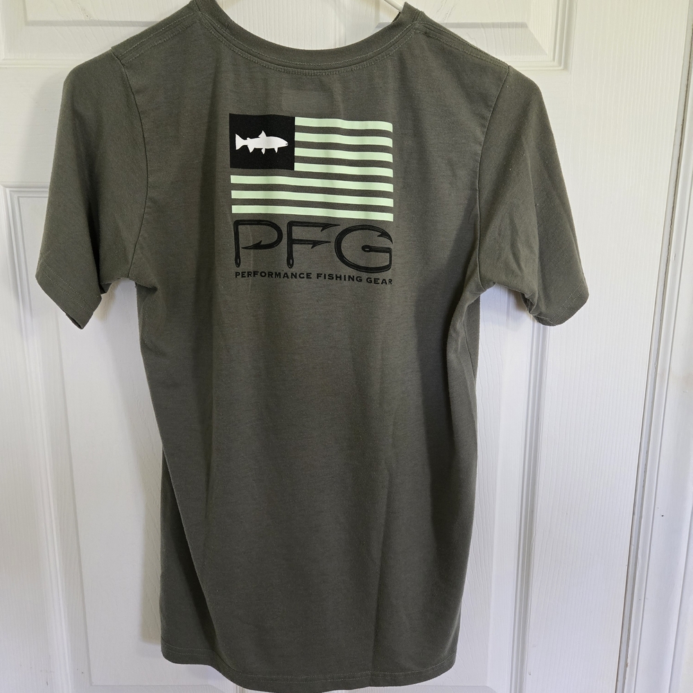 Columbia Youth 14/16 Olive Short Sleeve Shirt W Teal And Black Logo